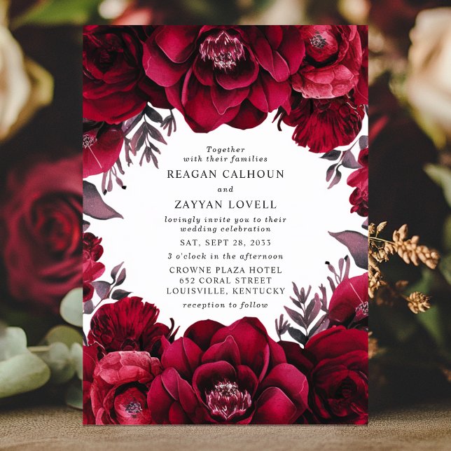 Convites Elegante Floral Vermelho Carmesim Profundo Românti (Criador carregado)
