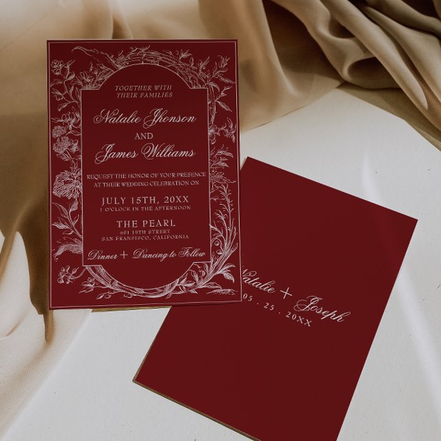 Convites Elegante Floral Vermelho Escuro Boho Botânico Casa (Criador carregado)