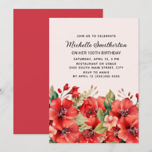 Convites Elegante Floral Vermelho Rosa Aniversário de 100 a