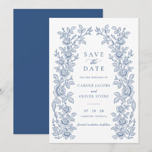 Convites Elegante Floral Vintage Azul Salve a Data