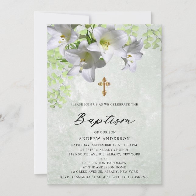 Convites Elegante Floral Vintage Baptism (Frente)