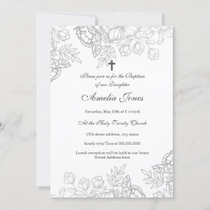 Convites Elegante Floral Vintage Prata Batismo