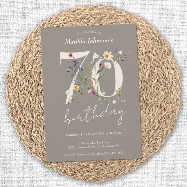 Convites Elegante Floral Wildflower 70 Festa de aniversário (70th Birthday Wildflowers Elegant Floral Invitation)