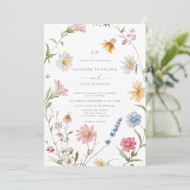 Convites Elegante Floral Wreath | Casamento Rsvp De Código  (Em pé/Frente)