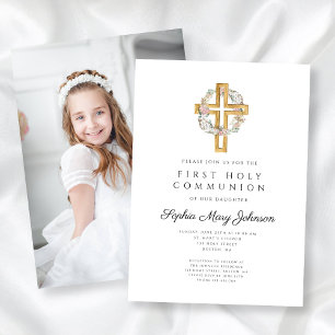 Convites Elegante Floral Wreath Cross First Communion Foto