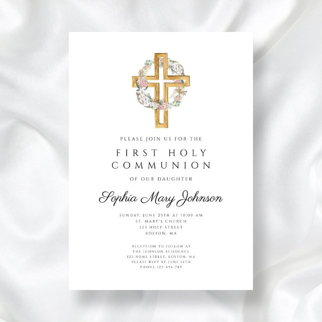 Convites Elegante Floral Wreath Cross Girl Primeira Comunhã (Elegant Floral Wreath Cross Girl First Communion Invitation)