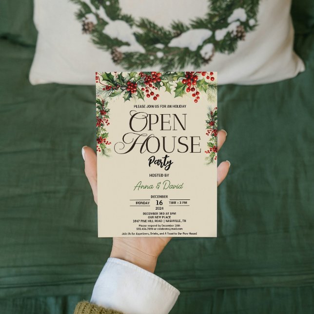 Convites Elegante Floral Xmas Holly Christmas Open House (Elegant Floral Xmas Holly Christmas Open House Invitation flowers Families & Couples hosting )