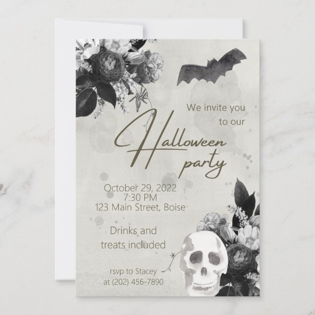 Convites Elegante Florals e Skull Halloween Party (Frente)