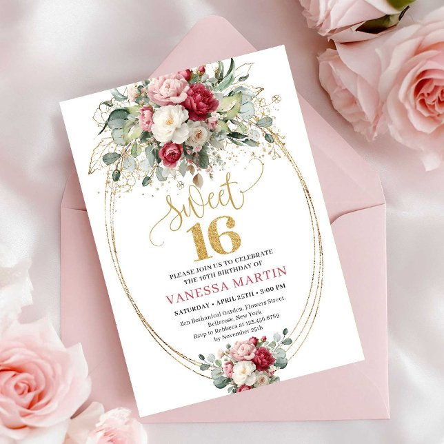 Convites Elegante Flores em Tons de Borgonha e Dourado para (Elegant Burgundy Blush Gold Floral Sweet Sixteen Invite)