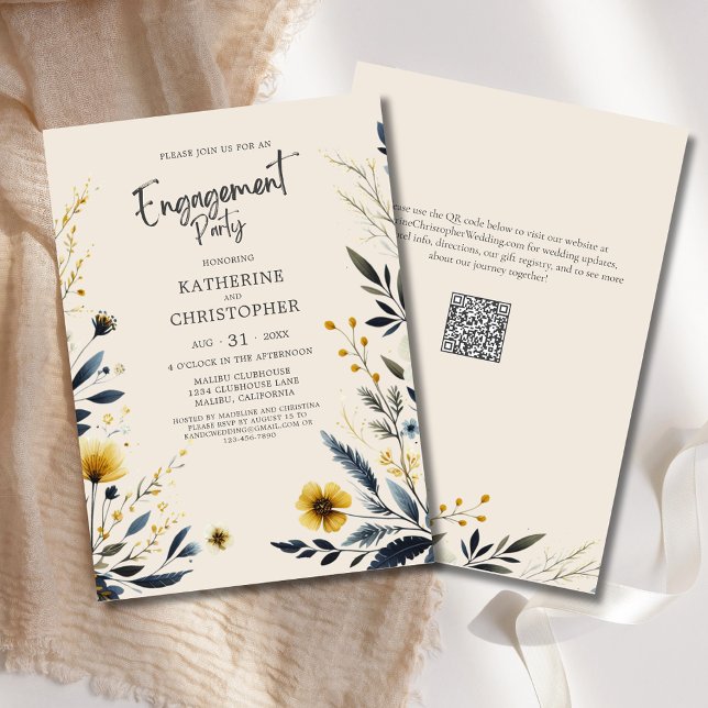 Convites Elegante Flores Selvagens Festa de noivado Beige (Elegant Wildflowers Engagement Party Invitation with Blue and Yellow Watercolor Wildflowers, QR Code)