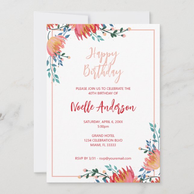 Convites Elegante, Flores Whimsical Aniversário (Frente)