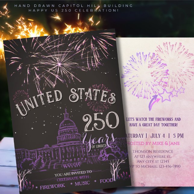 Convites Elegante Fogos de Artifício Roxos de 250 Anos dos  (Elegant US 250 Years Firework Purple Capitol Hill Invitation)