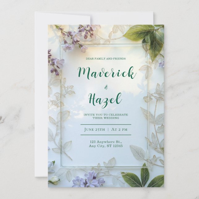 Convites Elegante Folha de Esqueleto Dourado Floral Lavanda (Frente)
