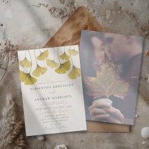 Elegante Folha de Ginkgo em Aquarela Dourada Casam