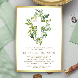 Convites Elegante Folhagem Aquarela Dourada Batismo