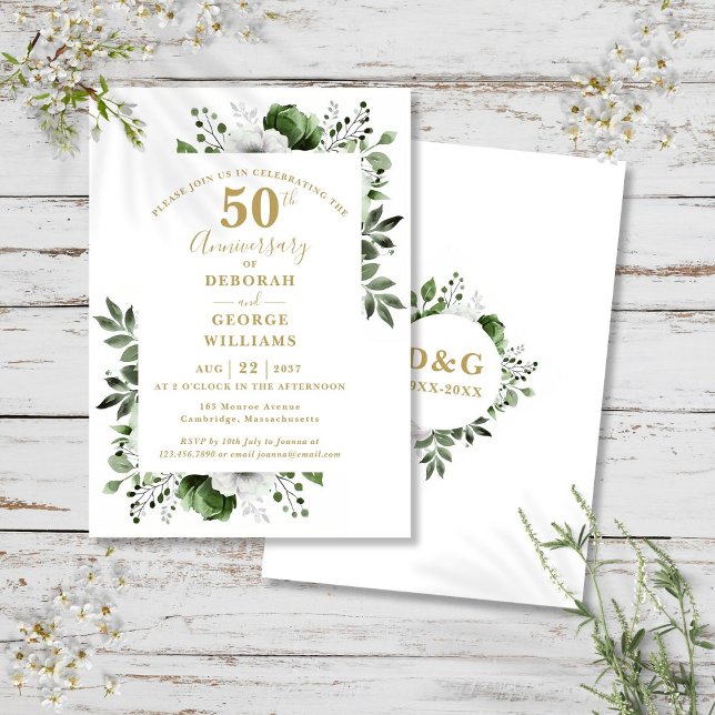 Convites Elegante Folhagem Dourada Aniversário de 50 Anos d (Elegant Gold Greenery 50th Wedding Anniversary Invitation)