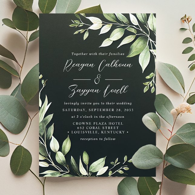 Convites Elegante Folhagem Verde Escura Folhas Script Casam (Criador carregado)