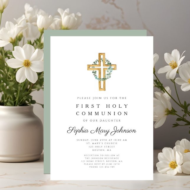 Convites Elegante Folhas Botânicas Cruzam Primeira Comunhão (Elegant Botanical Leaves Cross First Communion Invitation)