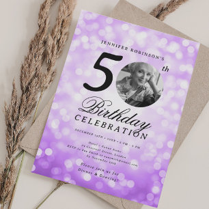 Convites Elegante Foto Aniversário de 50 anos Festa Roxo Bo