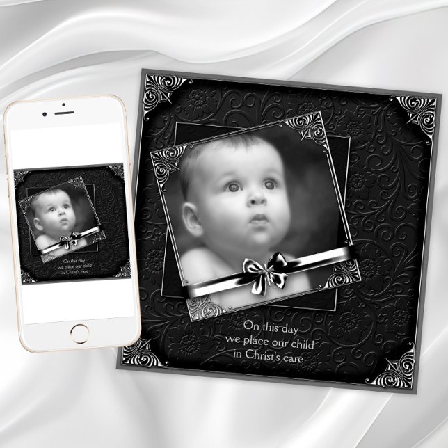Convites Elegante Foto Batizado (Elegant black silver photo christening and baptism invitation. Add your own text and photo.)