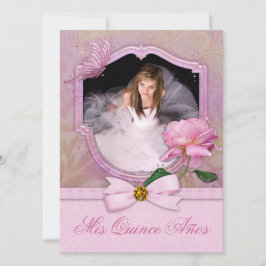 Convites Elegante Foto Borboleta Rosa Quinceanera