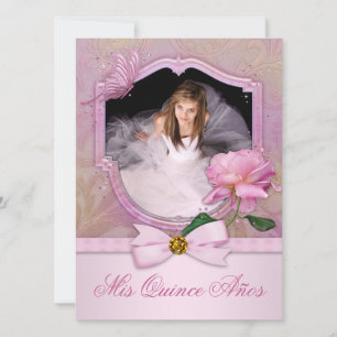 Convites Elegante Foto Borboleta Rosa Quinceanera