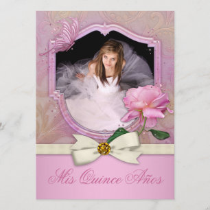 Convites Elegante Foto Borboleta Rosa Quinceanera