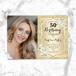 Convites Elegante Foto Branca Dourada 50º Aniversário<br><div class="desc">Elegante convite floral feminino para o 50º aniversário com sua foto. Design de vidro com ouro brilhante falso. Apresenta faixas, rosas brancas, fonte de script e confetti. Perfeito para uma festa de comemoração de na moda adulto. Personalize com seus próprios detalhes. Pode ser personalizado para qualquer idade! Impressos convites Zazzle...</div>