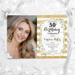 Convites Elegante Foto Branca Dourada 50º Aniversário<br><div class="desc">Elegante convite floral feminino para o 50º aniversário com sua foto. Design de branco de vidro com ouro brilhante falso. Apresenta faixas, rosas brancas, fonte de script e confetti. Perfeito para uma festa de comemoração de na moda adulto. Personalize com seus próprios detalhes. Pode ser personalizado para qualquer idade! Impressos...</div>