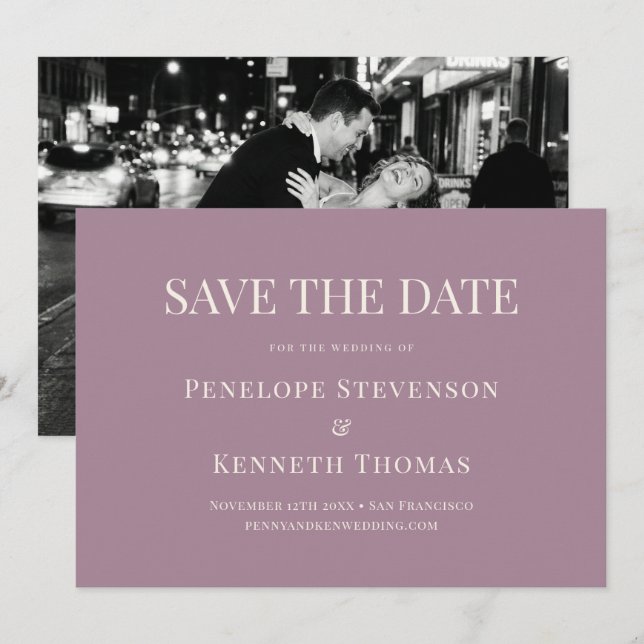 Convites Elegante Foto Clássica Roxa Empoeirada Save The Da (Frente/Verso)