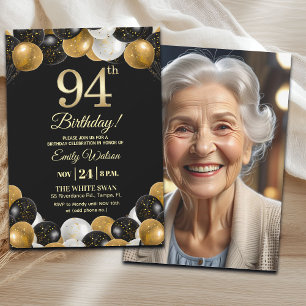 Convites Elegante Foto de Aniversário de 94 Anos com Brilho