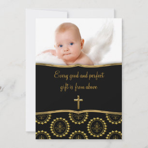 Convites Elegante Foto de Batizado de Bebê Preto e Dourado