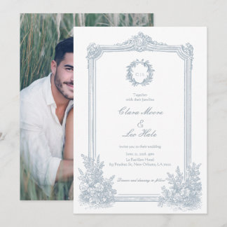 Convites Elegante Foto de Casamento com Borda Floral em Azu