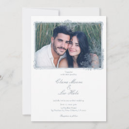 Convites Elegante Foto de Casamento com Borda Floral em Azu