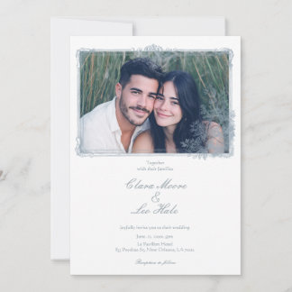 Convites Elegante Foto de Casamento com Borda Floral em Azu