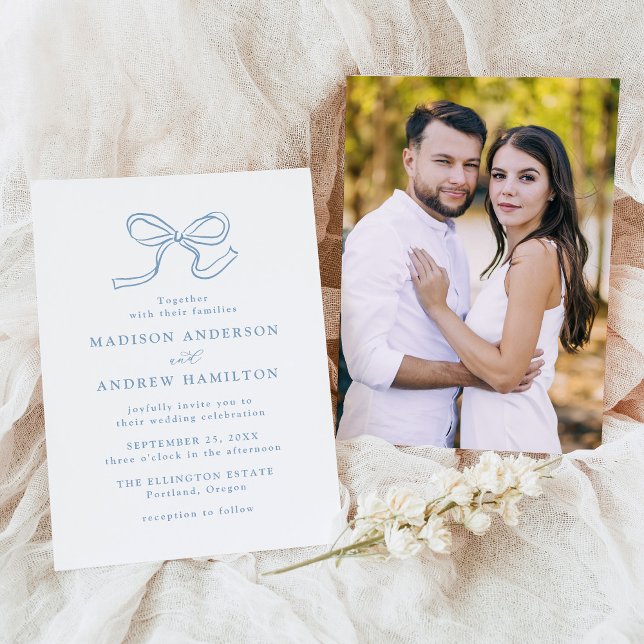 Convites Elegante Foto de Casamento com Laço Azul (Criador carregado)