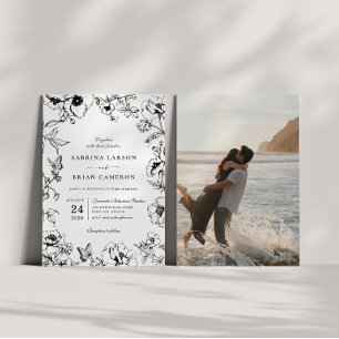 Convites Elegante Foto de Casamento Floral Preto e Branco n