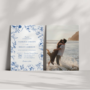 Convites Elegante Foto de Casamento no Jardim Floral Azul R