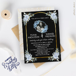 Convites Elegante Foto de Casamento Preto e Branco Dourado