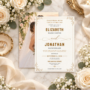 Convites Elegante foto de casamento vintage em ouro com fil