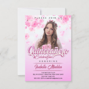 Convites Elegante Foto de Quinceanera Princesa Floral Rosa
