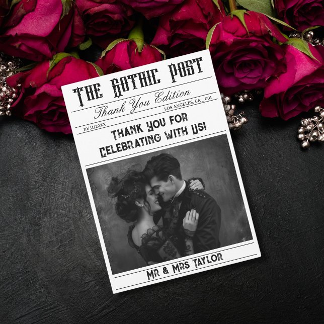 Convites Elegante Foto do Jornal Gótico Obrigado (gothic newspaper thank you card)