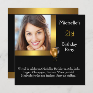 Convites Elegante Foto Dourada aniversário de 21 anos do Ba