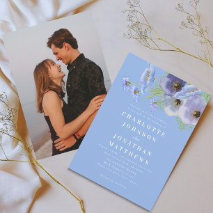 Convites Elegante Foto Floral Azul Aquarela Casamento