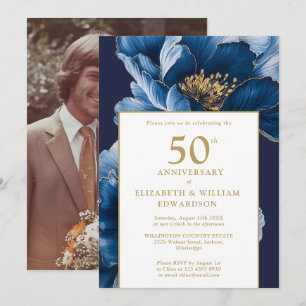 Convites Elegante Foto Floral Azul Moderno de Aniversário d