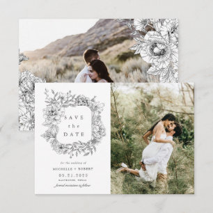 Convites Elegante Foto Floral Preto e Branco Save The Date