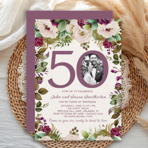 Convites Elegante Foto Floral Roxo Creme de 50º Aniversário