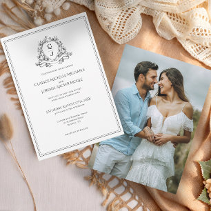 Convites Elegante Foto Monograma Crista Casamento Preto Bra