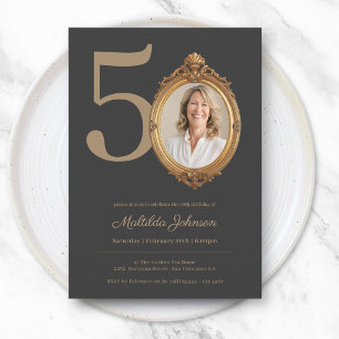 Convites Elegante Foto Personalizada Dourada 50º Aniversári
