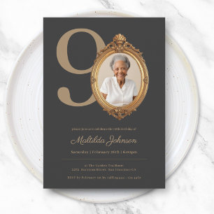 Convites Elegante Foto Personalizada Dourada de 90 Anos de 